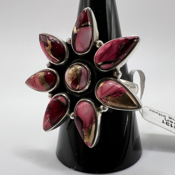 Sterling Silver 925 Red Rose Dahlia Turquoise Flower Statement Ring Size 10 - Picture 8 of 9